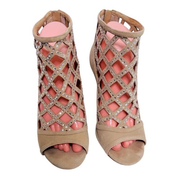 Michael Kors Yvonne Size 8.5M Yvonne Peep Toe Beige Bedazzled Zip Up High Heels - Picture 2 of 9